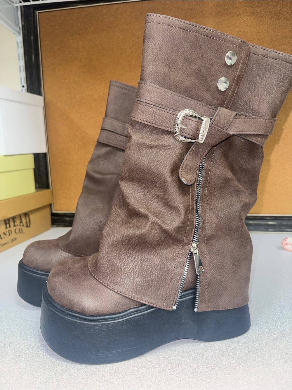 Women’s Brown Platform Mid-Calf Platform Boots with Buckle Detail